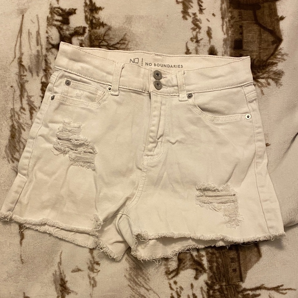 No Boundaries Frayed Hem White Jean Shorts